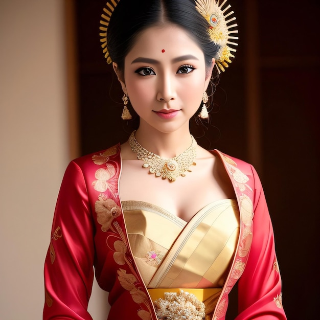 A woman in a red dress with a necklace and necklace that says'i love you '