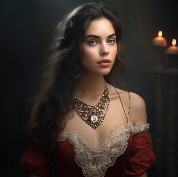 A woman in a red dress with a necklace that says " she's a lady. "