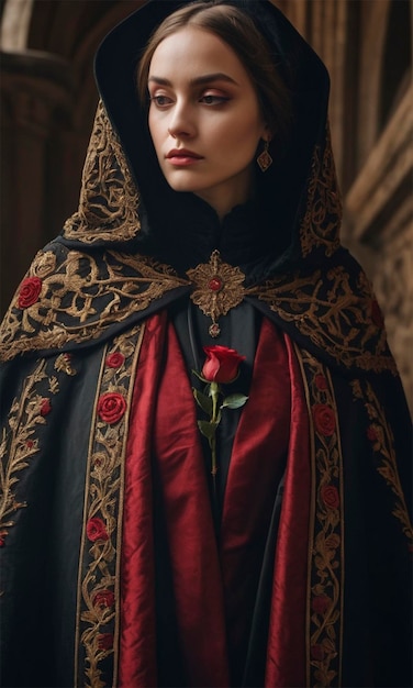 a woman in a red dress with a red and black veil