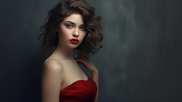 A woman in a red dress with a red lip