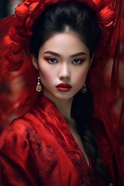 A woman in a red dress with red lipstick and a red background