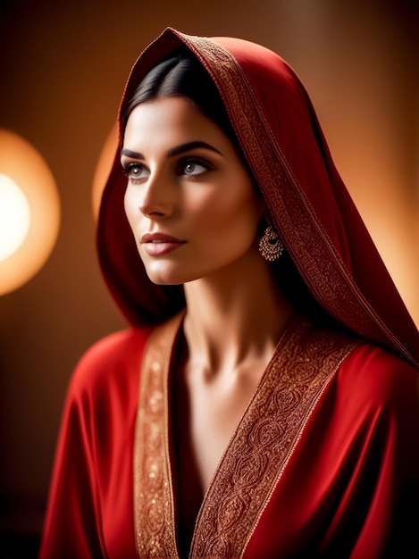 Woman in red dress with red shawl over her head