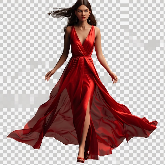 a woman in a red dress with the word quot s quot on the bottom