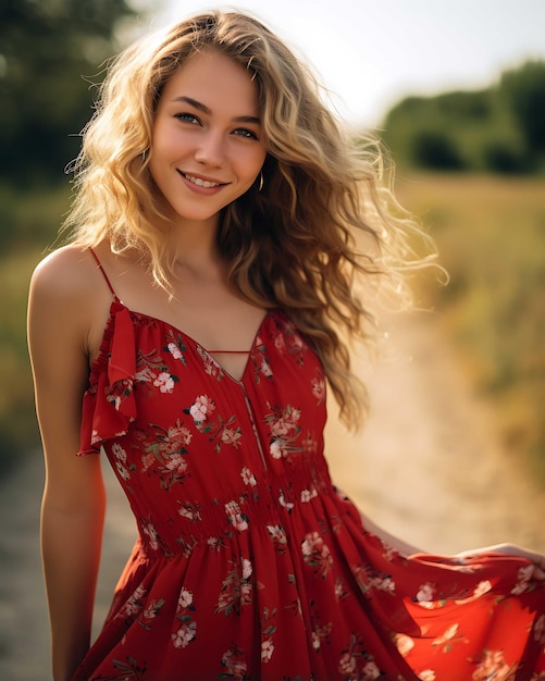 Woman in Red Floral Dress on Country Road