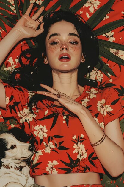 Photo woman in red floral top with dog