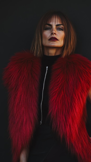 Photo a woman in a red fur coat is posing for a photo