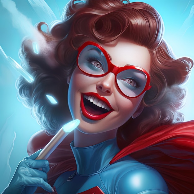 a woman in red glasses is holding a brush with a toothbrush in her mouth