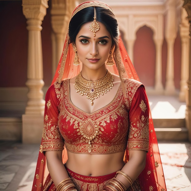 A woman in a red and gold outfit standing in front of a building Ai generated