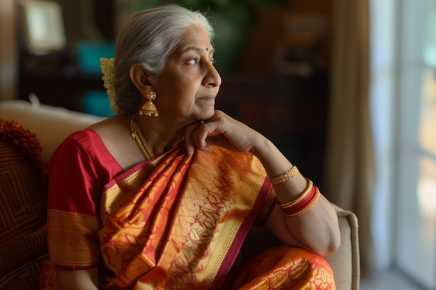 Woman in Red and Gold Sari Sitting on Couch