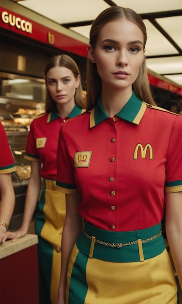 Photo a woman in a red and green uniform stands in front of a donut shop