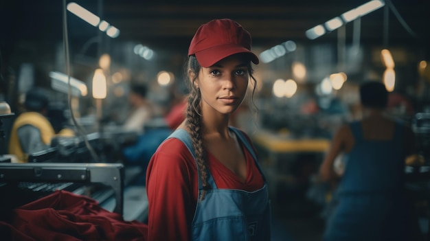 Woman in Red Hat and Apron Standing in Factory