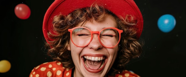 Photo woman in red hat and glasses laughing with joy