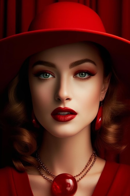 A woman in a red hat and necklace