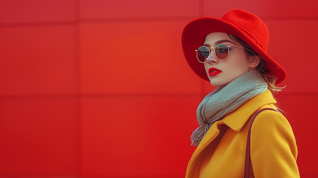 a woman in a red hat and scarf is wearing a yellow coat and a scarf