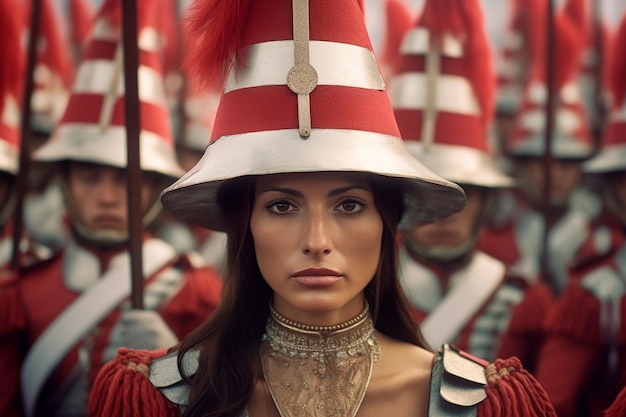 A woman in a red hat stands in front of a group of soldiers.