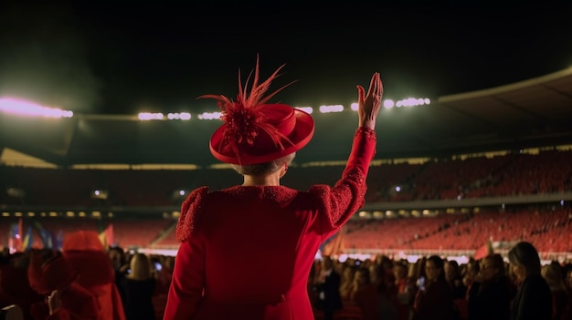 A woman in a red hat stands in front of a stadium full of people.