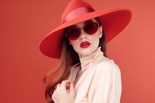 A woman in a red hat and sunglasses stands against a red background.