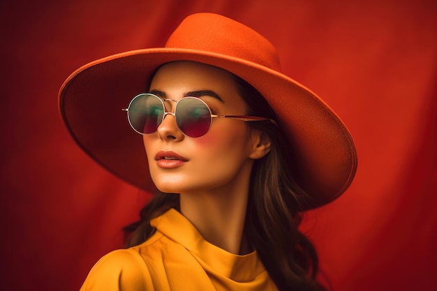 A woman in a red hat and sunglasses stands in front of a red background.