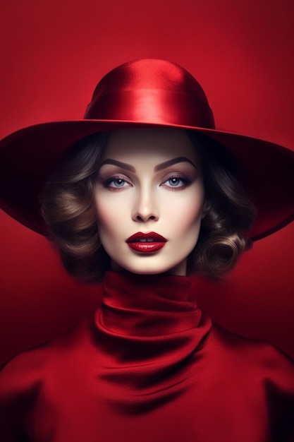 A woman in a red hat with a red background.