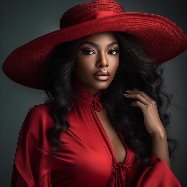 A woman in a red hat with a red dress on the front.