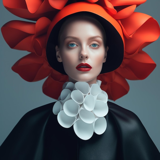 A woman in a red hat with a red flower on the front.