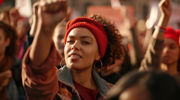 a woman in a red headband is raising her fist in a crowd of people