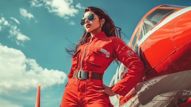 Photo a woman in red is posing in front of a red airplane