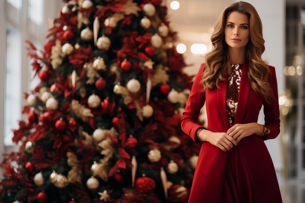 Photo a woman in red is standing next to a christmas tree