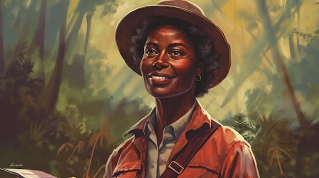 A woman in a red jacket and hat stands in a jungle.