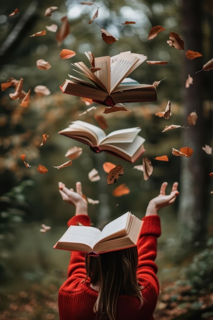 Photo a woman in red jacket holding up books in the air