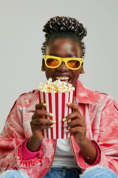 Woman in red jacket is holding red and white popcorn bucket