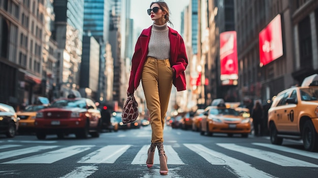 a woman in a red jacket is standing on a crosswalk in the city