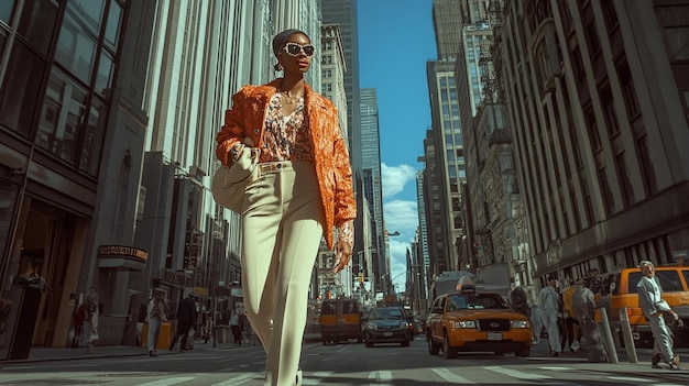 a woman in a red jacket is walking down a street with a yellow taxi behind her