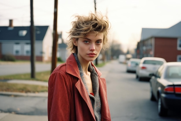 a woman in a red jacket standing on a street