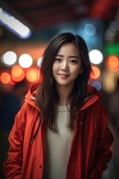 A woman in a red jacket stands in the street.