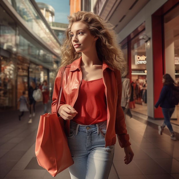 Photo a woman in a red jacket walks down a shopping mall