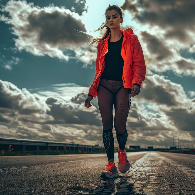 Photo woman in red jacket walks on road with cloudy sky