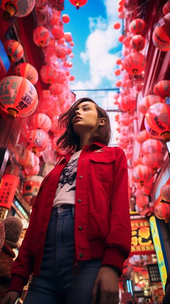 a woman in red jacket