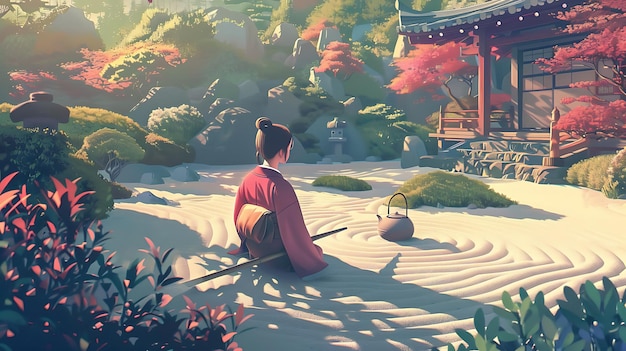 Woman in Red Kimono Contemplates a Japanese Zen Garden