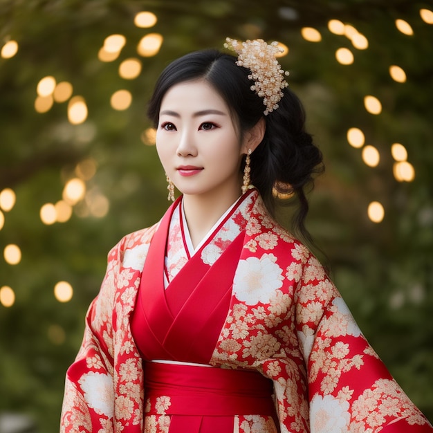 A woman in a red kimono with gold flowers on it