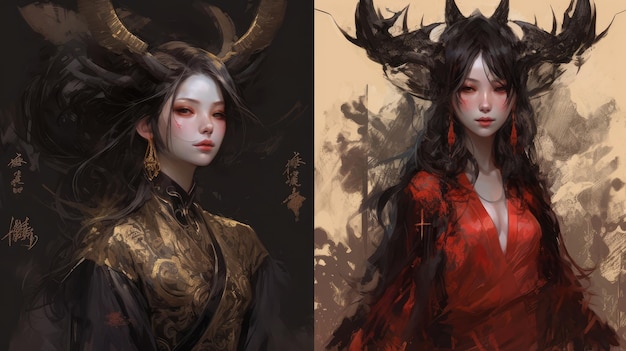 A woman in a red kimono and a woman with horns