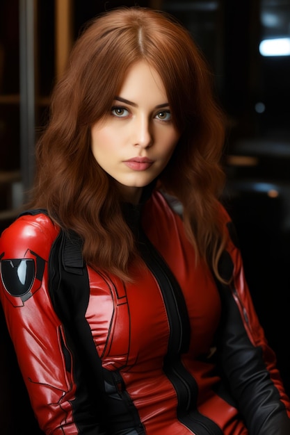 Woman in red leather outfit posing for picture Generative AI