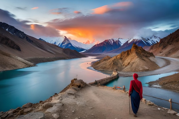 A woman in a red outfit stands on a mountain path with a blue lake and mountains in the background.