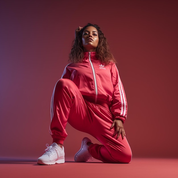 A woman in a red outfit with a white shoe on her knee.