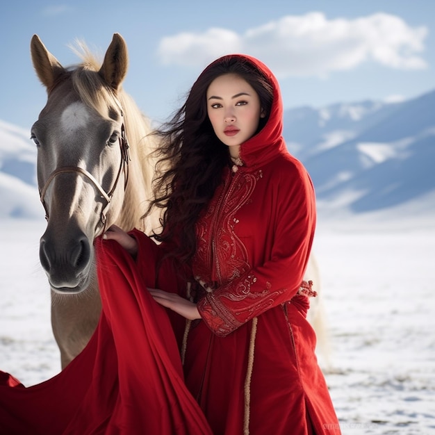 woman in red riding a horse in a snowy field generative ai