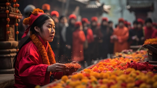 A woman in a red robe holds a bunch of flowers in front of a crowd.