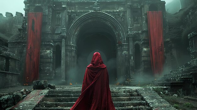 a woman in a red robe stands in front of a temple