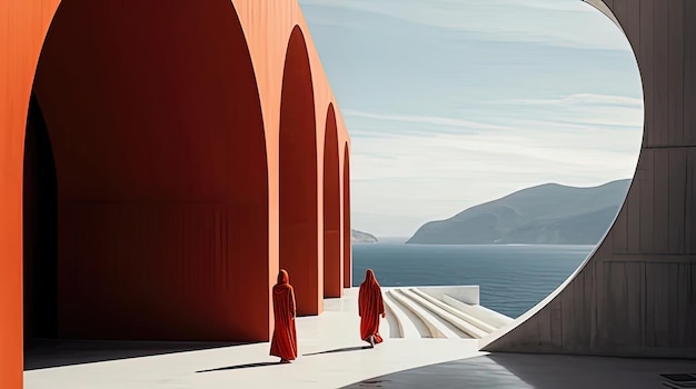 Photo a woman in a red robe walks past a red sculpture