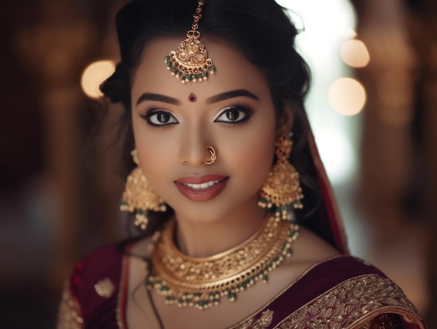 A woman in a red saree with a gold nose ring and a gold nose ring.