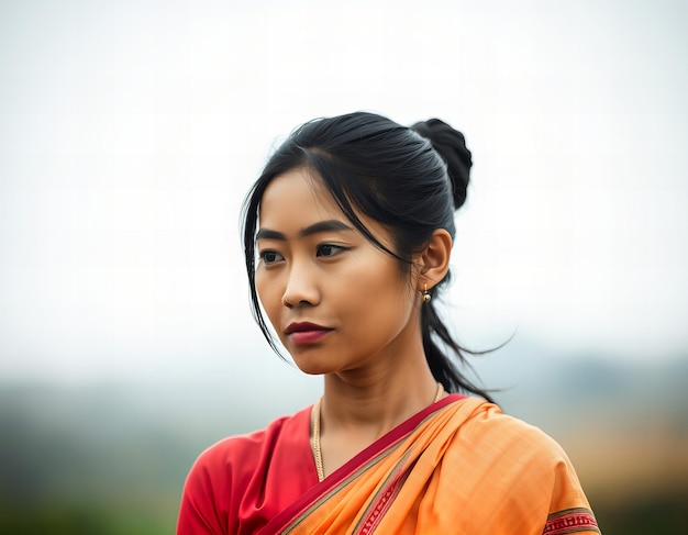 Photo a woman in a red sari stands in front of a building